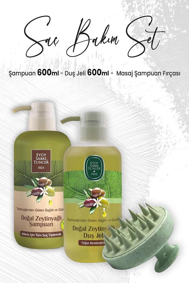 Doğal Zeytinyağlı Şampuan 600 Ml, Duş Jeli 600 ml Ve Masaj Şampuan Fırçası Yeşil - 1