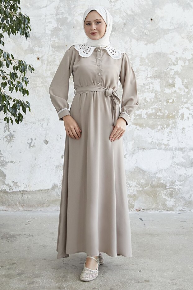 Baby Collar Waist Belted Dress - Beige