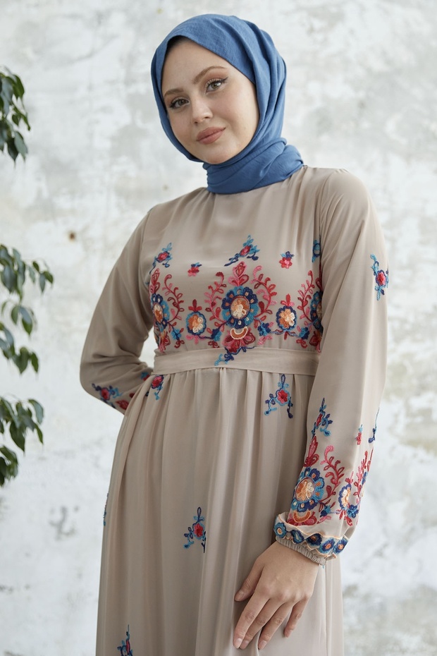 Fustă brodată Volane Sifon Rochie - Bej - 2