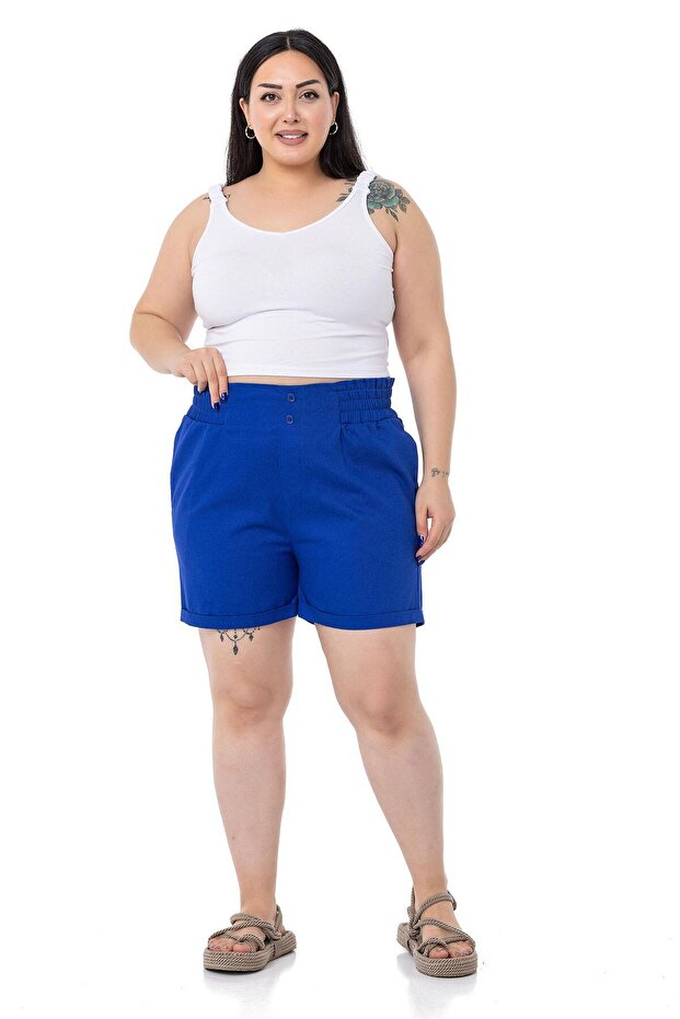 Plus Size Gabardine Cobalt Blue Shorts with Side and Back Elastic Waist and Fold Detail