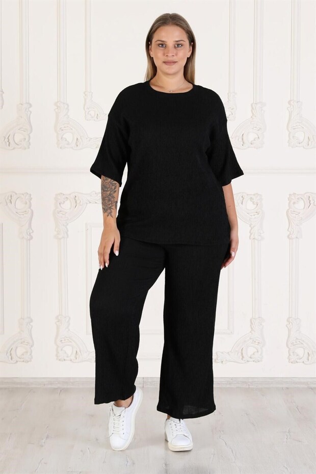Bürümcük Fabric Large Size Women's Daily Use Comfortable Comfort Model Double Set-black