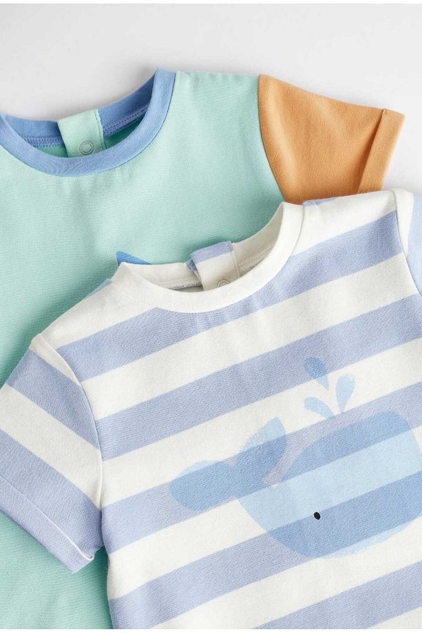 %100 Pamuk Mavi Gemi Desenli 2'li Romper Set - 4
