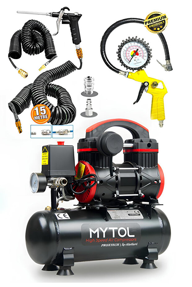 Mytol 6 Litre Yüksek Hızlı Yağsız Sessiz Hava Kompresörü 1 Hp ve Havalı Alet Seti Full Sett - 1