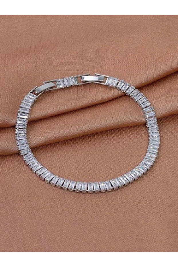 Steel Non-Tarnish Zircon Baguette Stone Waterway Bracelet Silver