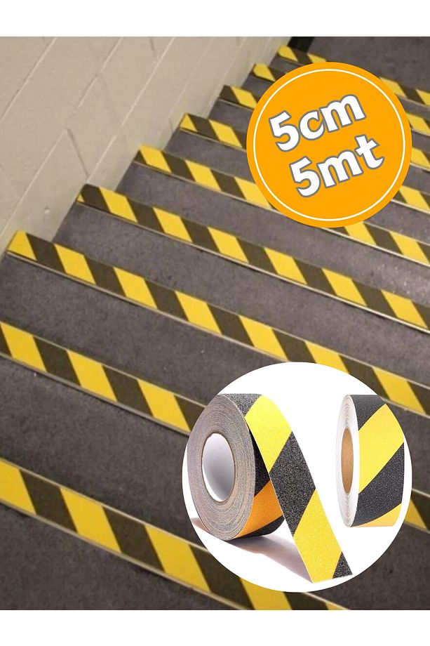 Siyah-Sarı Merdiven Zemin Kaydırmaz Bant, Arkası Yapışkanlı 1. Kalite 5 cm x 5 M - 1
