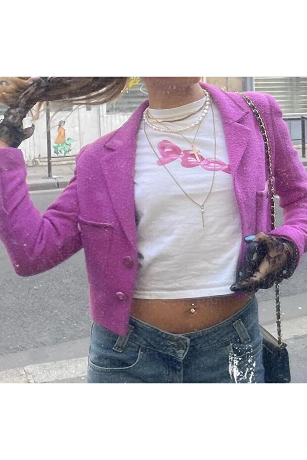 Lips Patterned Crop Blouse - 1