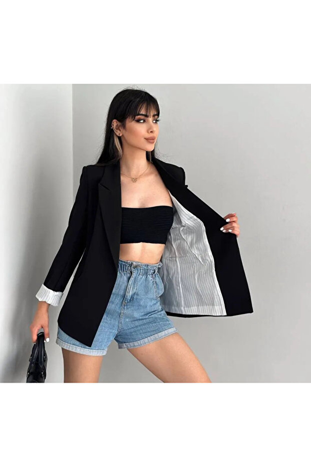 Women's Sleeve Foldable Liner Striped Buttonless Blazer Jacket Black