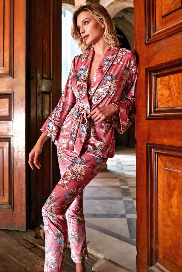 Women's Velvet Floral Printed Long Sleeve Dressing Gown and Trousers Pajama Set (9732)