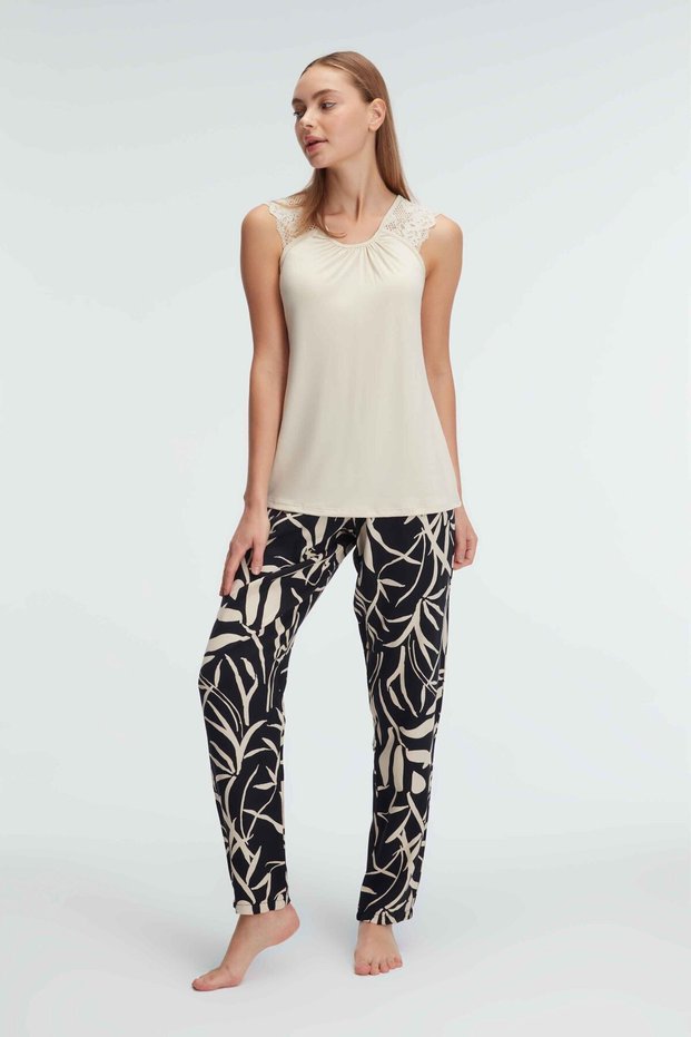 9909 Sleeveless Crew Neck Women's Viscose Tropical Summer Lace Detailed Pajamas Set