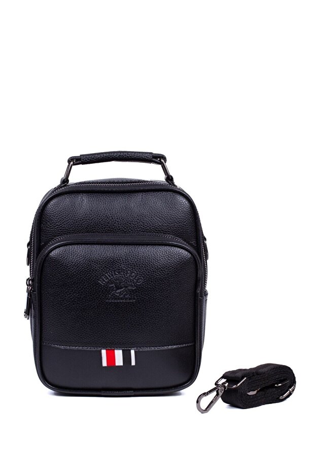 Men's Black Vegan Leather Daily Travel Shoulder and Handbag with Black Phone Compartment