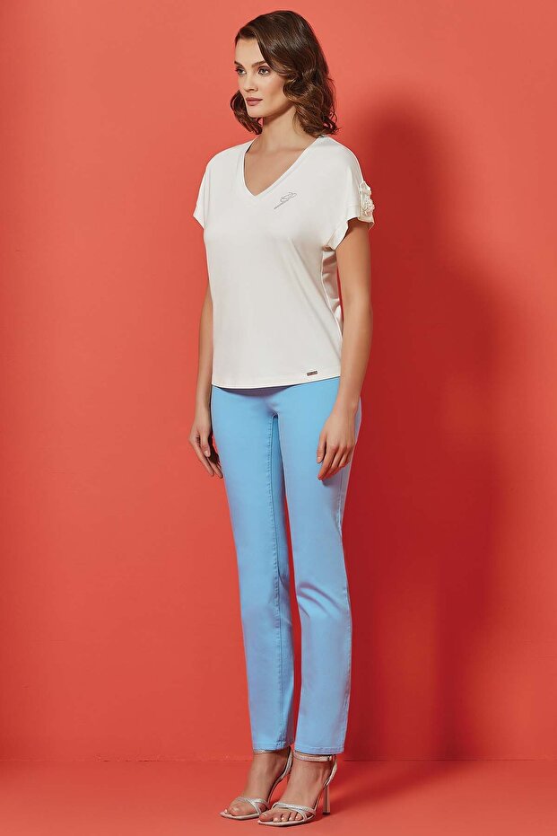 V Yaka Ekru Örme Bluz - 1