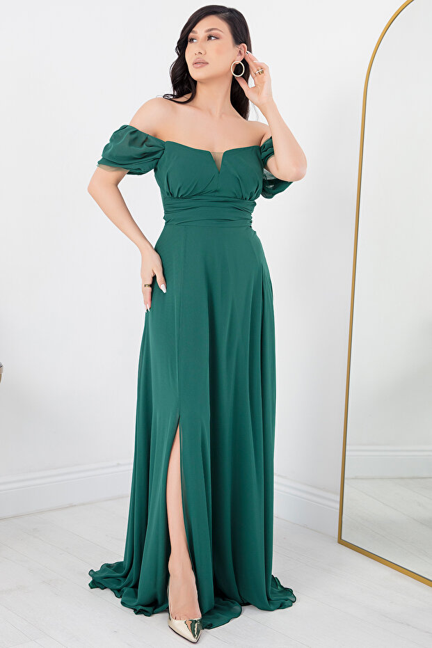 Straplez Yırtmaçlı Şifon Elbise DNS1591 - 6