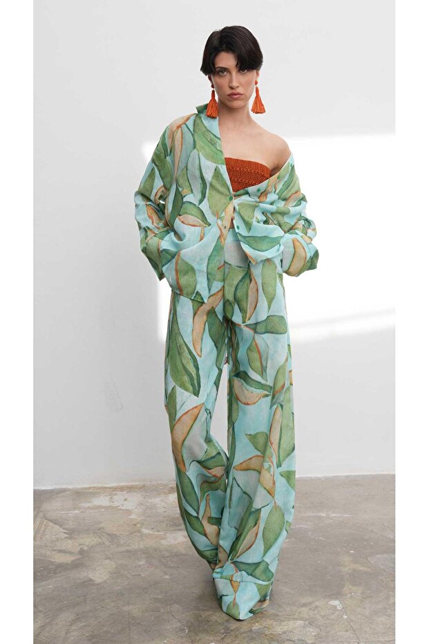 بدلة كتان منقوشة باللون الأخضر 9735-08 - 1