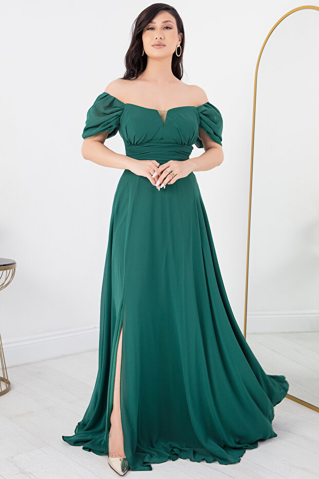 Straplez Yırtmaçlı Şifon Elbise DNS1591 - 4