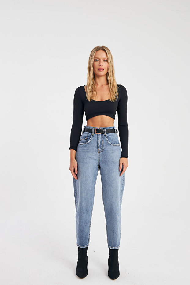 Mavi Slouchy Likralı Pantolon - 4