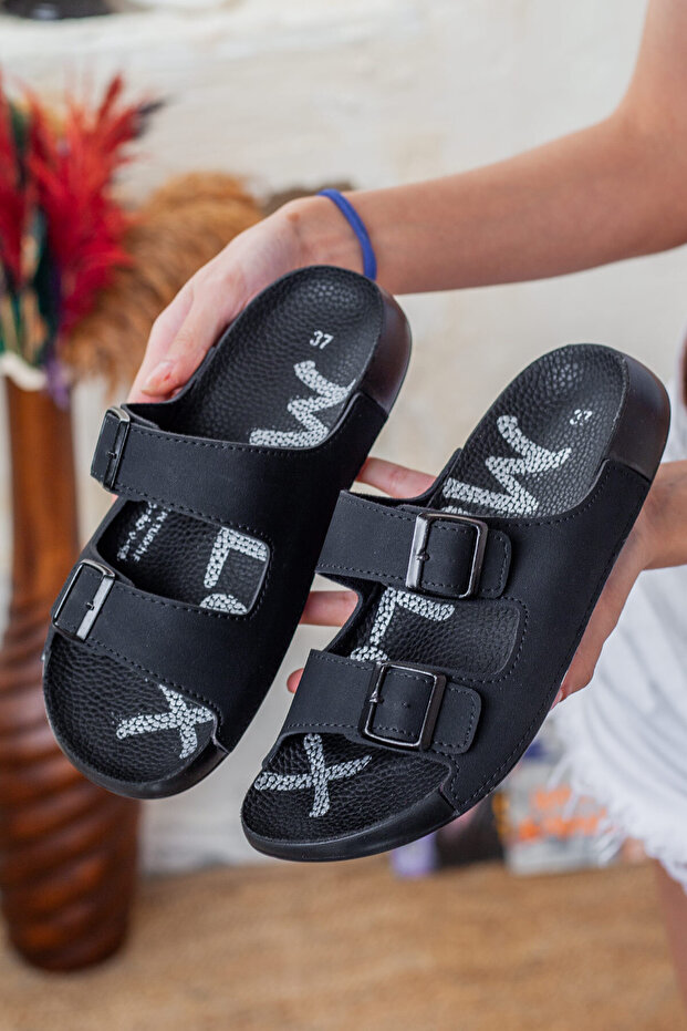 Extra Comfortable Double Buckle Soft Sole Daily Black Slippers