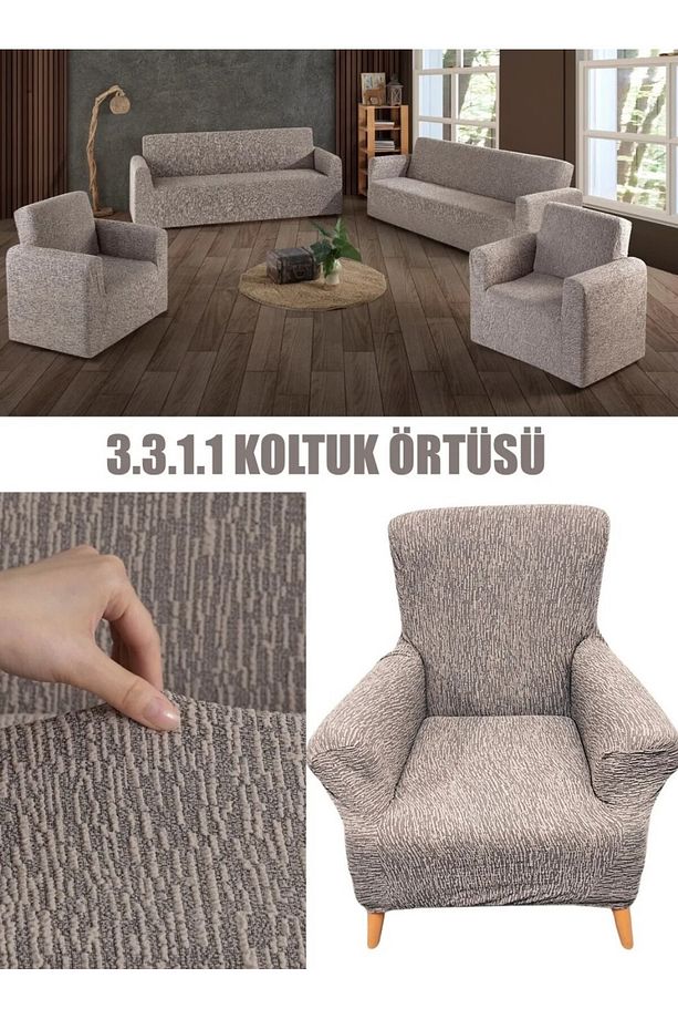 3+3+1+1 Streç Lastikli Esnek Eteksiz Pamuklu Jakarlı Koltuk Takımı Koltuk Örtüsü - 1