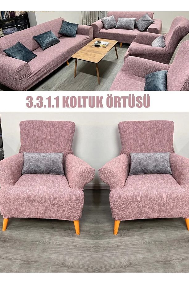 3+3+1+1 Streç Lastikli Esnek Eteksiz Pamuklu Jakarlı Koltuk Takımı Koltuk Örtüsü - 1