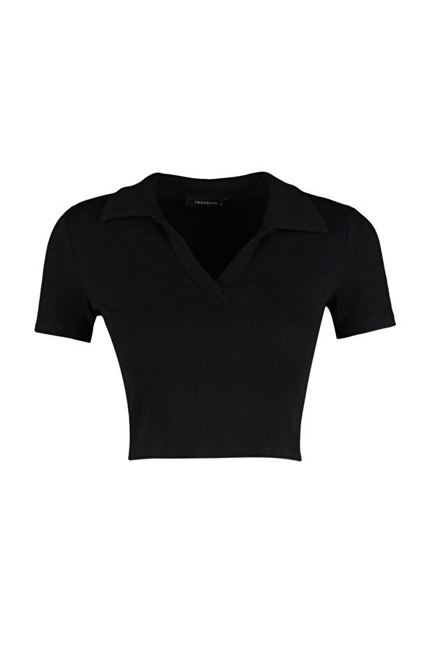 Siyah Fitted/Vücuda Oturan Crop Polo Yaka Fitilli Esnek Örme Bluz TWOSS21BZ0038 - 6