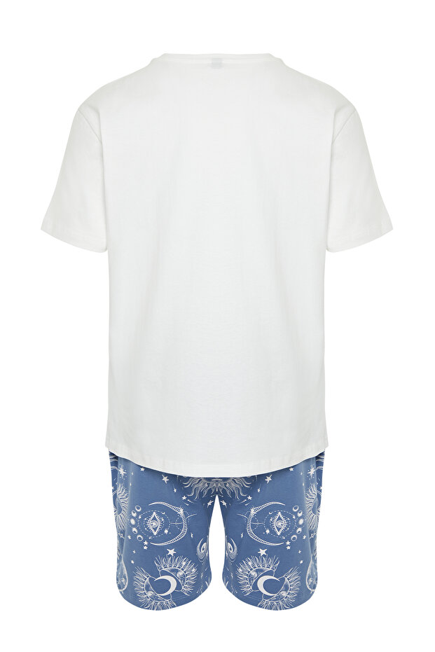 Ekru Mavi Baskılı Regular Fit Couple/Çift Örme Şortlu Pijama Takımı TMNSS24PT00018 - 8