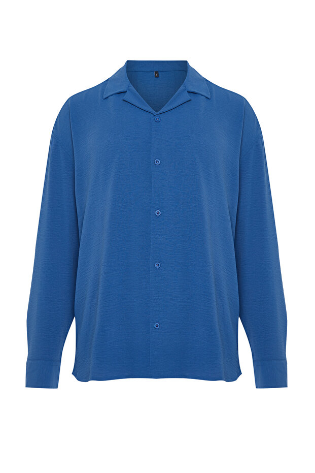 Indigo Oversize Fit Apaş Yaka Yazlık Keten Görünümlü Gömlek TMNSS23GO00053 - 7