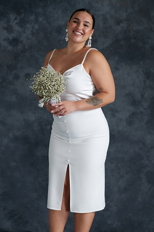 Beyaz Yüksek Bel Dokuma Bridal Kalem Etek TBBSS24AZ00036 - 1