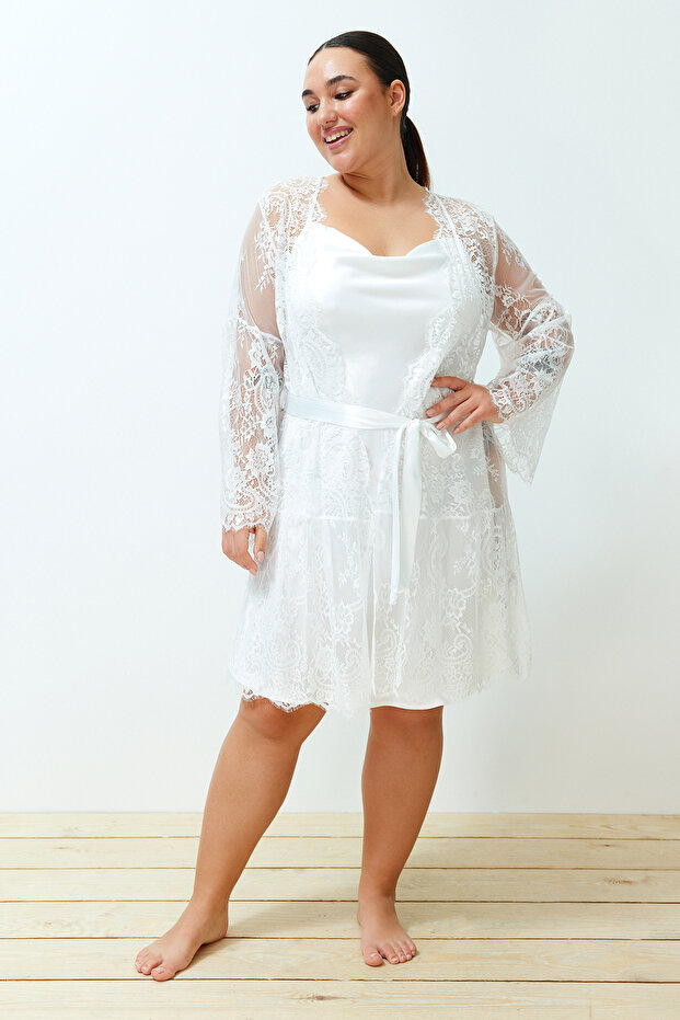 Beyaz Kuşaklı Dantel Örme Bridal Sabahlık TBBSS24SB00002 - 3