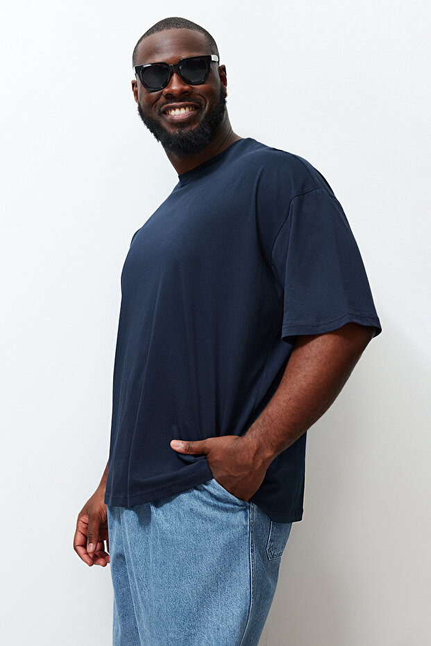 Büyük Beden Lacivert Oversize/Geniş Kesim %100 Pamuklu T-Shirt TMNSS23TS00139 - 3