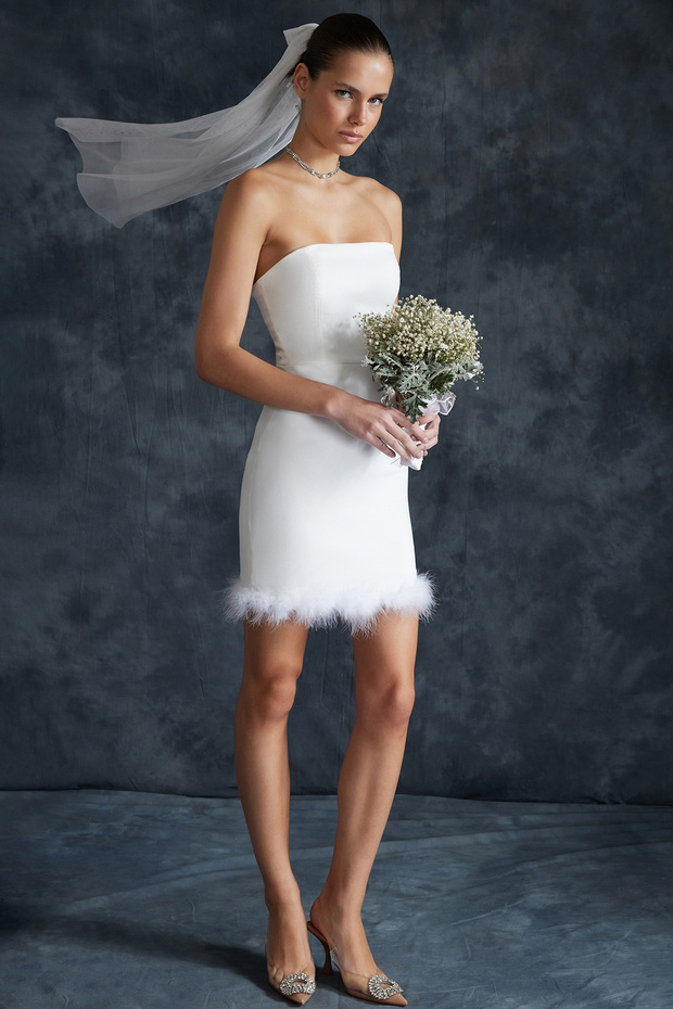 Bridal Beyaz Vücuda Oturan Otrişli Dokuma Kısa Düğün/Nikah Şık Abiye Elbise TPRSS24EL00115 - 1