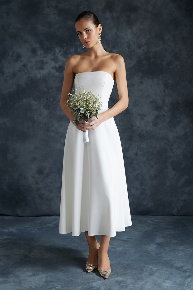 Bridal Beyaz A-Kesim Straplez Dokuma Düğün/Nikah Abiye Elbise TPRSS24EL00139 - 6