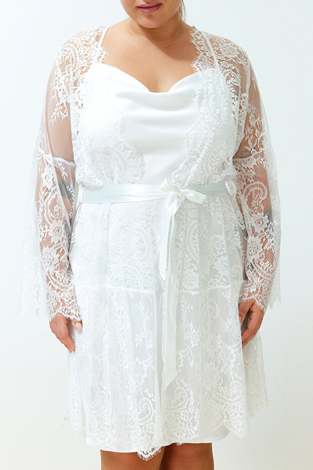 Beyaz Kuşaklı Dantel Örme Bridal Sabahlık TBBSS24SB00002 - 6
