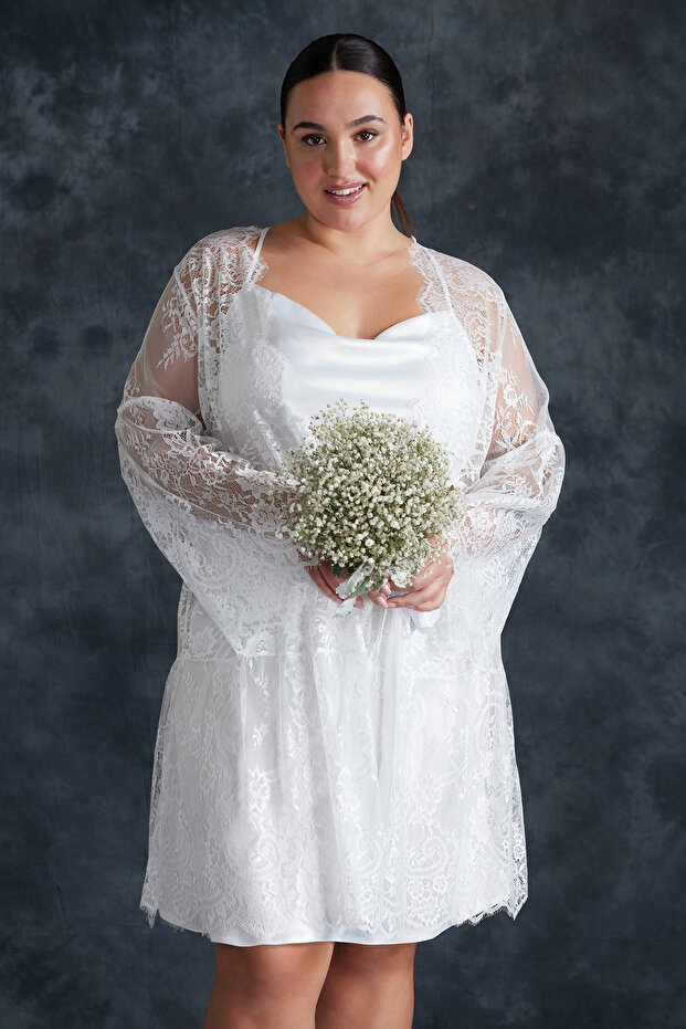 Beyaz Kuşaklı Dantel Örme Bridal Sabahlık TBBSS24SB00002 - 1