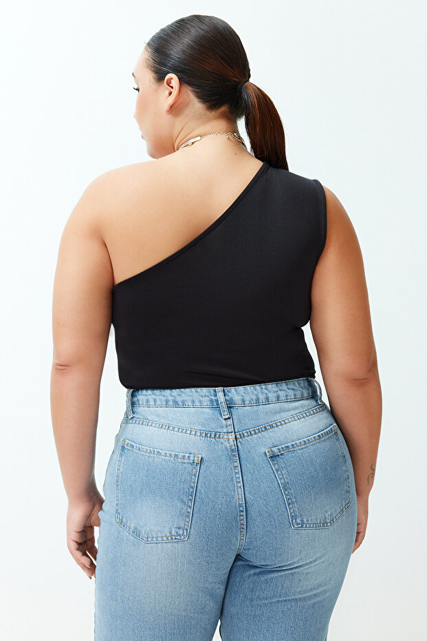 Siyah Asimetrik Yakalı Alttan Çıtçıtlı Örme Body TBBSS24AF00066 - 6