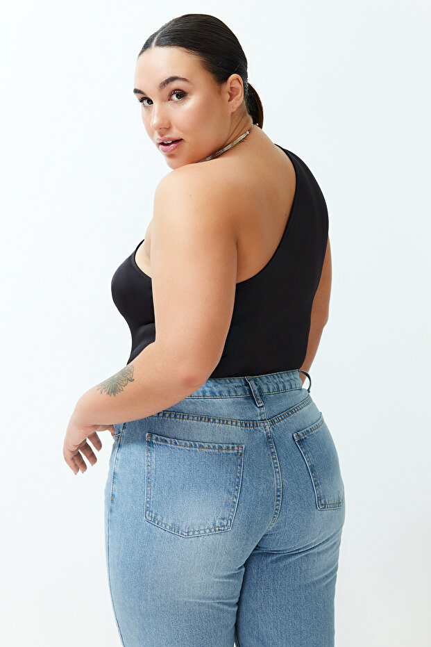 Siyah Asimetrik Yakalı Alttan Çıtçıtlı Örme Body TBBSS24AF00066 - 5