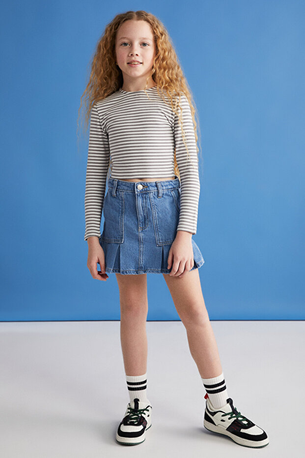 LILLY-GRM24017 95%cotton 5%elastane long-sleeved girl's crop White-Grey Striped Blouse