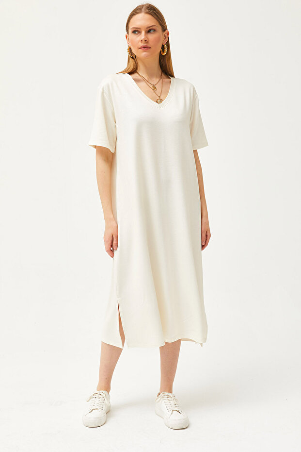 Women's Ecru V-Neck Side Slit Soft Textured Dress ELB-19002063