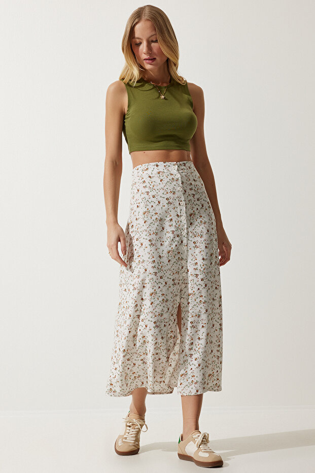 Women's Ecru Patterned Slit Viscose Skirt UB00246