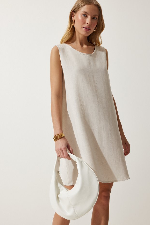 Women's Cream Summer Linen Viscose Bell Dress BH00416