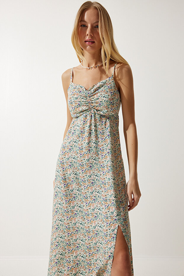 Women's Cream Green Strap Patterned Viscose Dress UB00236