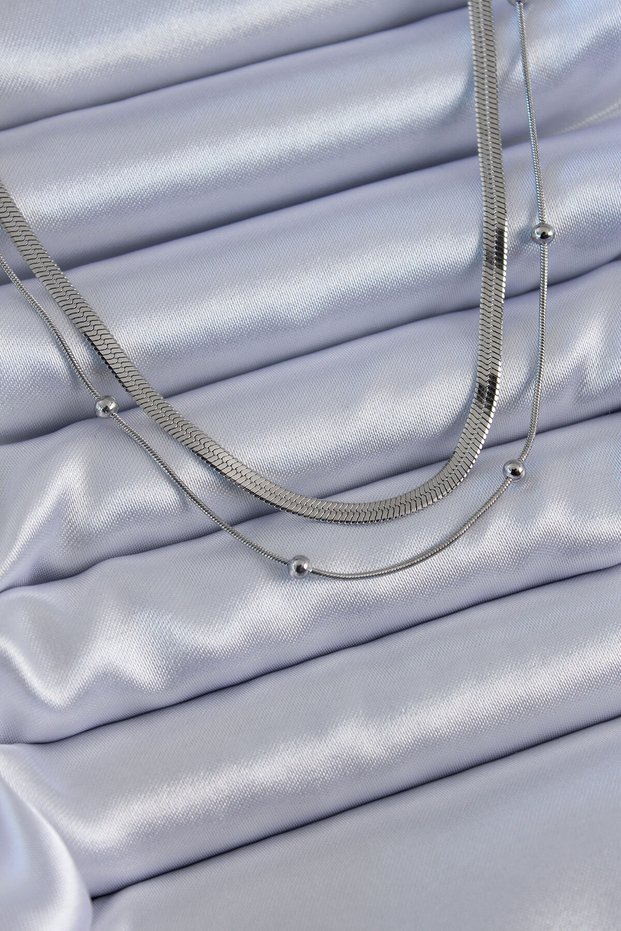Lisinya741 - 316L Steel Silver Color 2-Piece Italian Chain Model Minimal Ball Detail Women's Necklace