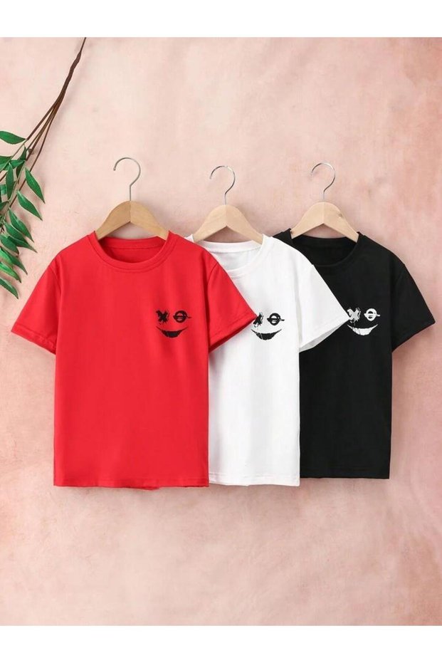 Girl-Boy Smile Black-Red-White 3 Pack Printed T-Shirt