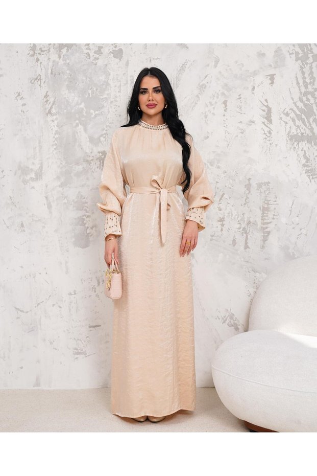 WOMEN'S COLLAR AND SLEEVES Rhinestone EMBROIDERED BELT DETAILED DRESS
