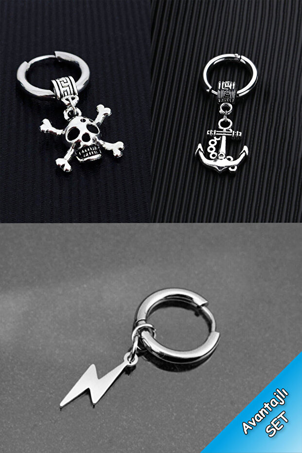 Gümüş Şimşek, Çapa, kurukafa Model Sallantılı Çelik Unisex Küpe Set (3 adet) - 1