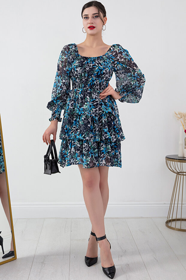 Çiçekli Kat Kat Şifon Elbise 793-2831-2 - 1