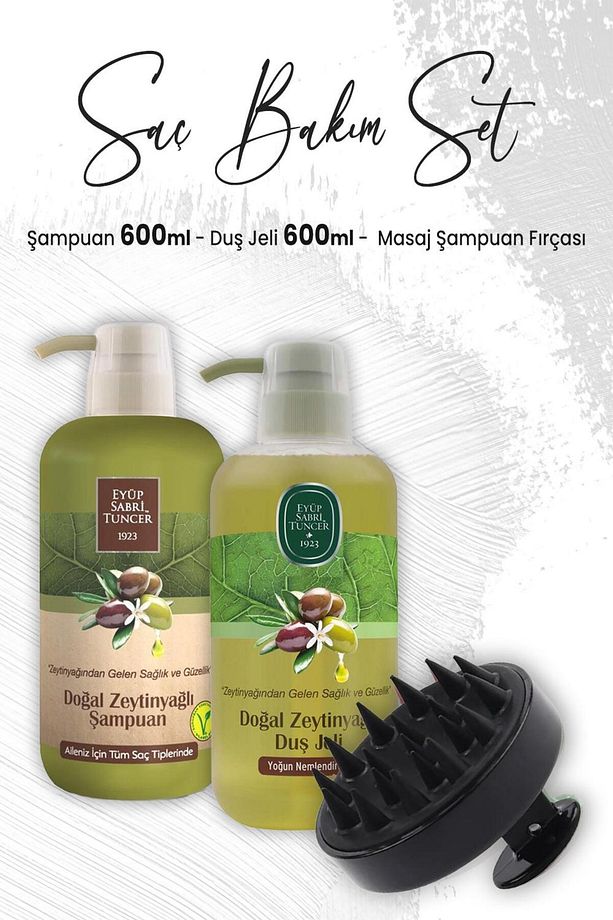 Zeytinyağlı Şampuan 600 Ml, Duş Jeli 600 ml Ve Masaj Şampuan Fırçası Siyah - 1