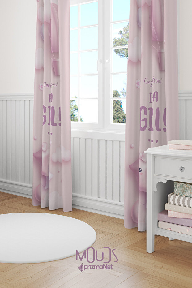 Pink Girl Patterned Background Curtain Children's and Baby's Room Suede Printed Extrafor Drawstring 2 Sash PRD-51