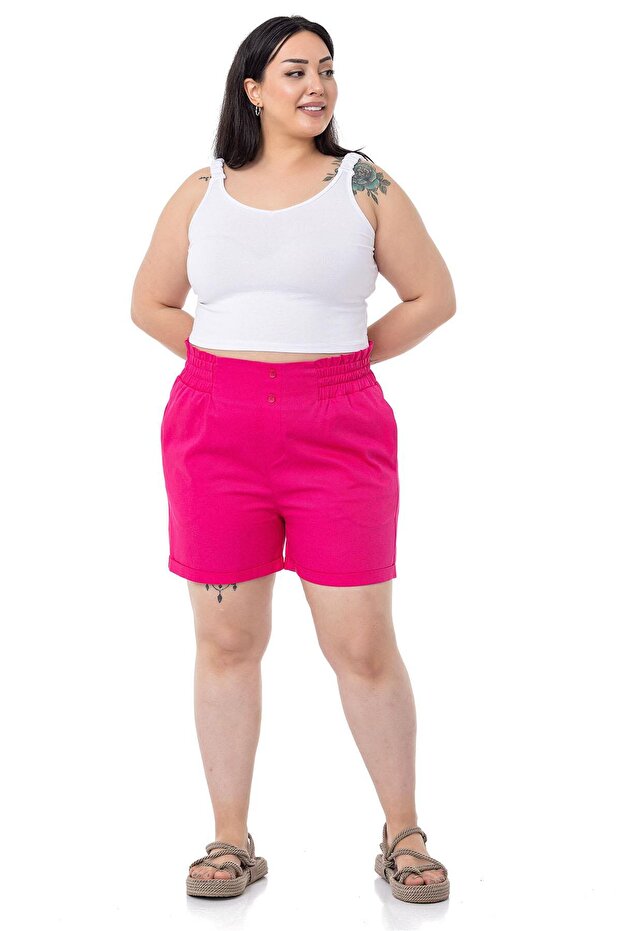 Plus Size Gabardine Fuchsia Shorts with Elastic Waist, Side and Back and Fold Detail - 1