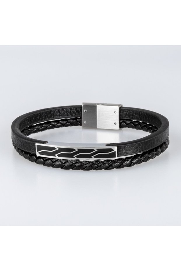 Black Genuine Leather Stainless Steel Men's Bracelet