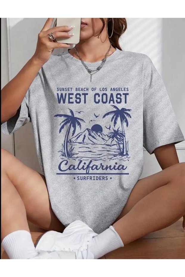 Unisex Gray West California Printed Crew Neck Oversize T-Shirt