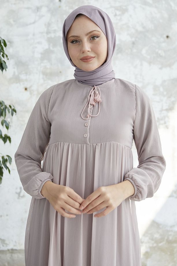 Yakası Bağcıklı Yoryo Şifon Elbise - Pudra - 4